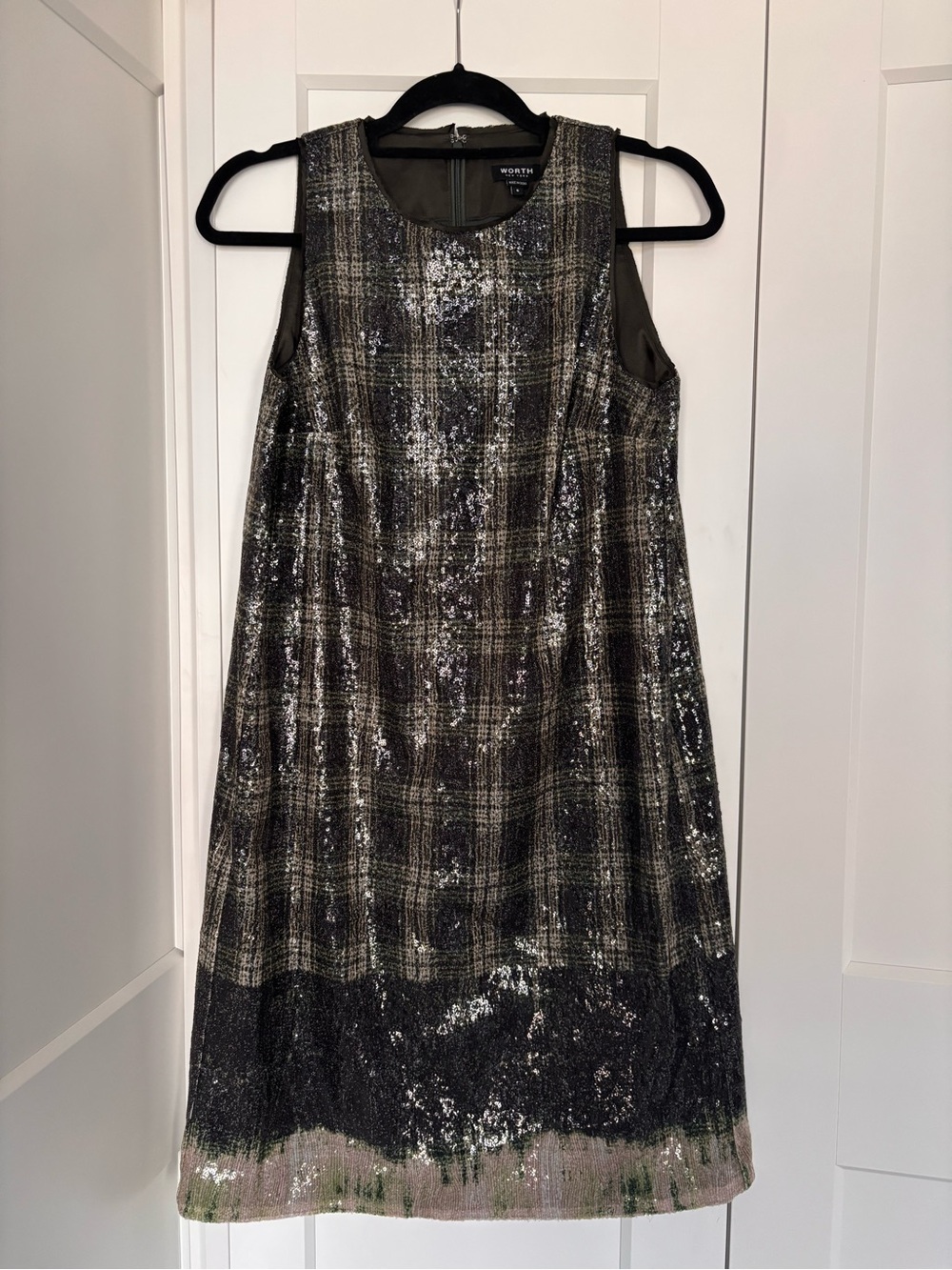 Worth Sequin Plaid Sleeveless Shift Dress in Olive and Gold